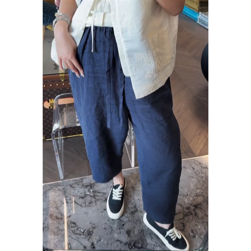 藏蓝色哈伦九分休闲裤子女秋季大码直筒裤高腰宽松显瘦直筒麻裤