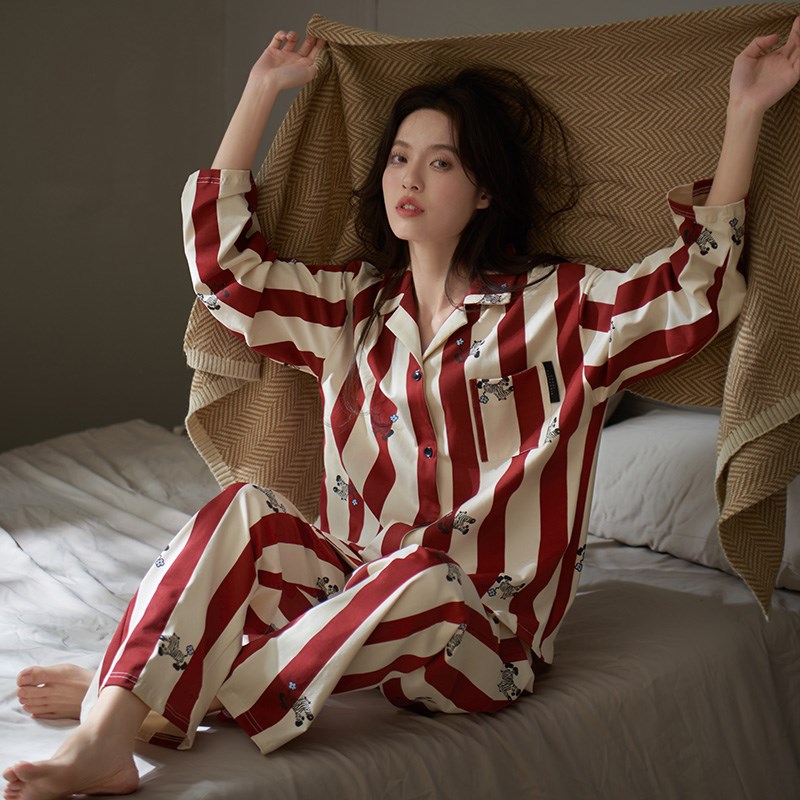 马克公主睡衣女春秋季新款本命年红色纯棉长袖条纹套装可爱家居服