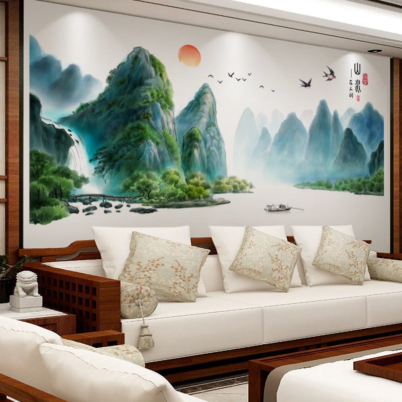 青山绿水山水画墙贴纸中式客厅沙发背景电视墙壁墙面装饰自黏贴画