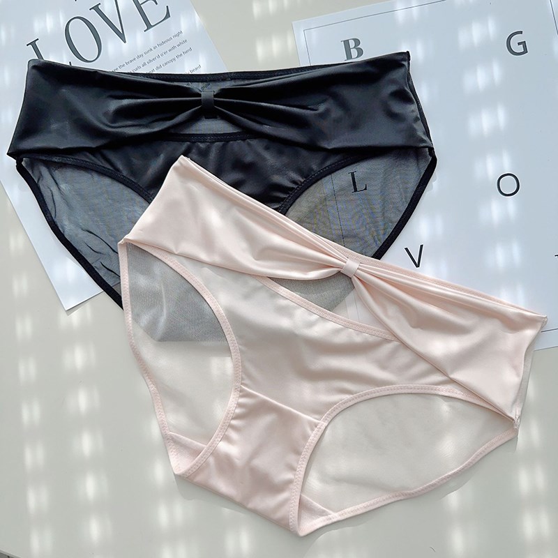新款闪亮甜心缎面镂空蝴蝶结网纱拼接宫廷风大码棉内裆女士内裤