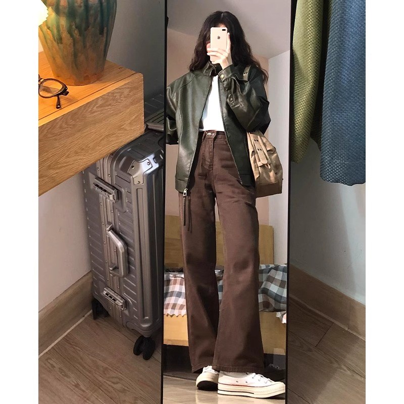 咖色窄版阔腿牛仔裤女2024秋冬新款棕色加绒高腰宽松直筒拖地裤子