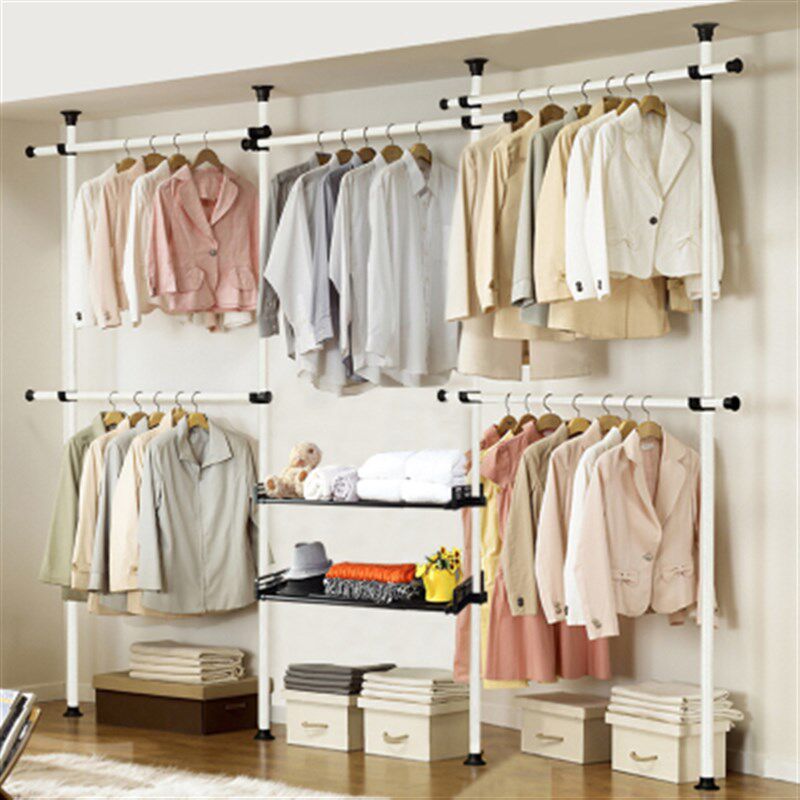 简易衣柜布艺钢架金属收纳分层隔板置物架免钉组装韩式衣帽架落地