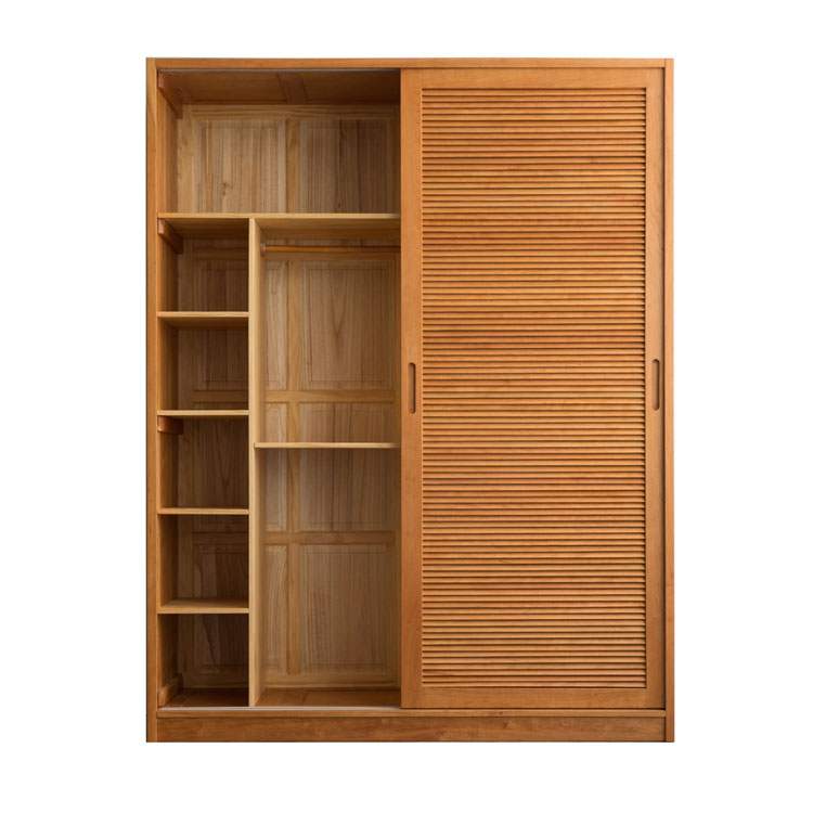 日式百叶门衣柜家用卧室落地推拉门移门衣橱樱桃木落地大衣柜定制