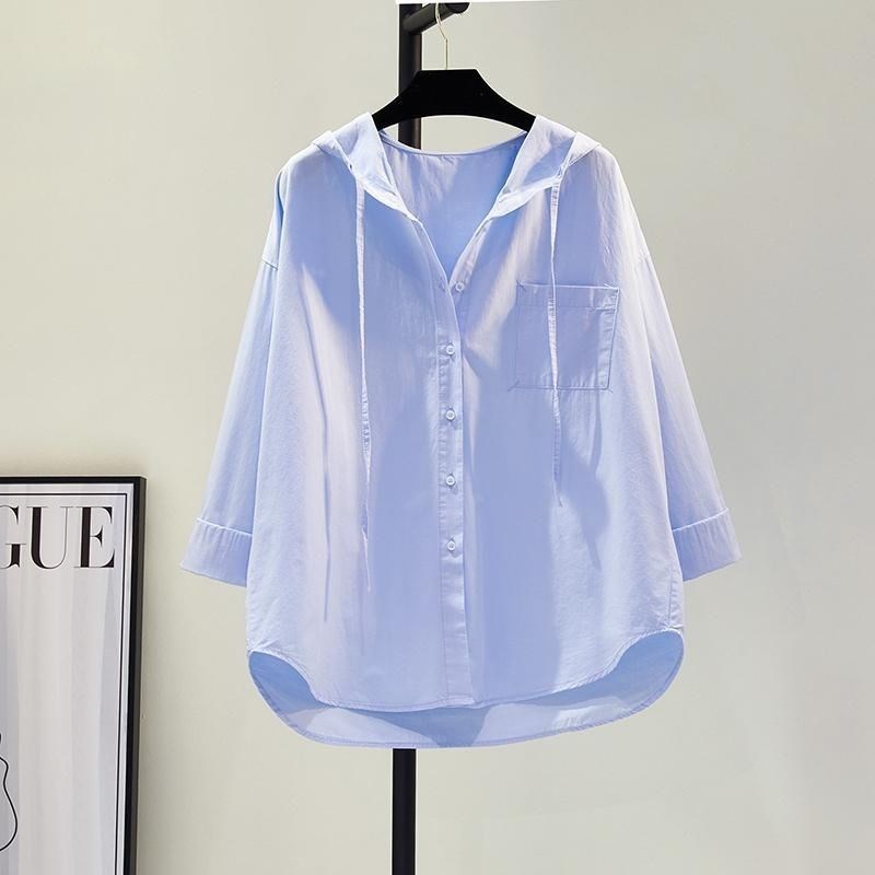 粉色纯棉长袖衬衫女夏薄款宽松休闲连帽上衣胖mm时尚百搭开衫外套