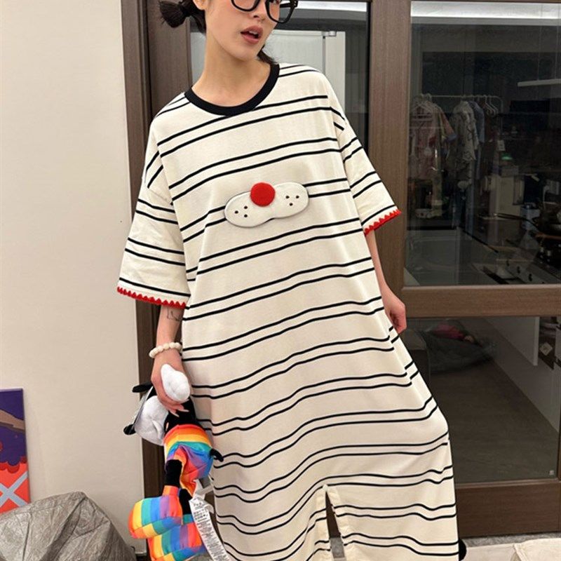 卡通酷猫连体睡衣女夏季2024年新款大码家居服短袖条纹睡裙可外穿