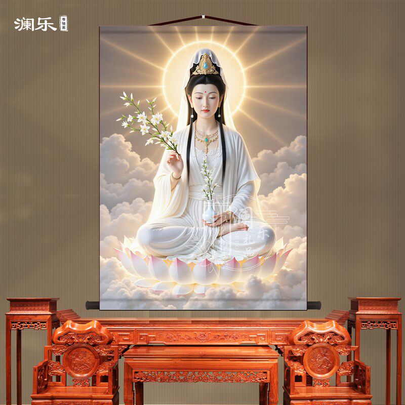 净瓶观音画像客厅卷轴挂画新中式禅意装饰画丝绸布墙壁画国画挂轴