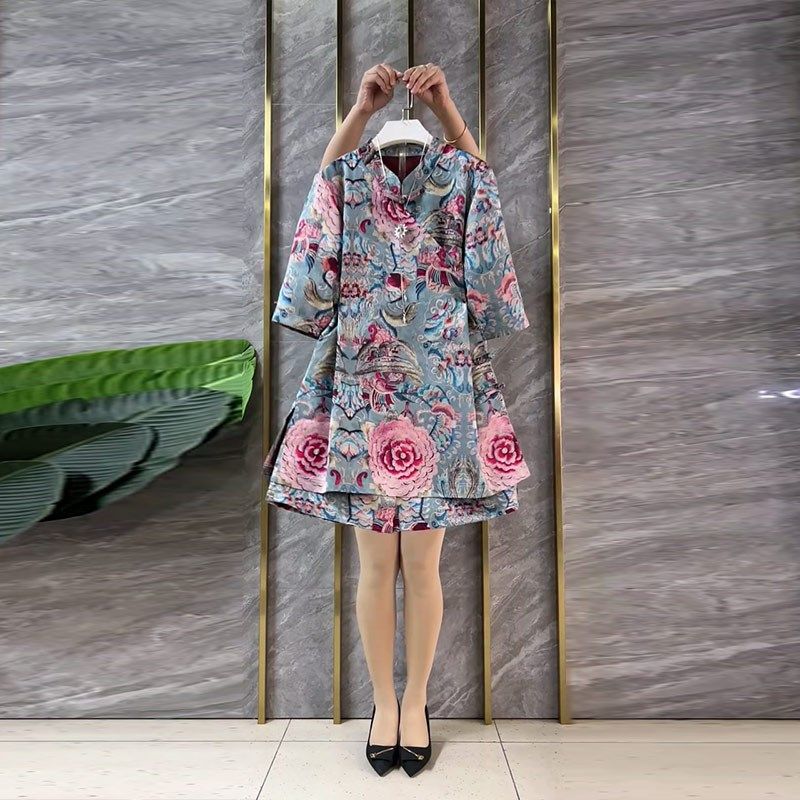 大码女装立领盘扣侧开叉上衣短裤胖妹妹气质夏季款花朵国风两件套,女装/女士精品,大码套装,淘宝优惠券,粉丝福利购,淘宝优惠卷