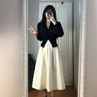 145小个子显高套装女150时尚V领针织毛衣开衫白色半身裙两件套秋