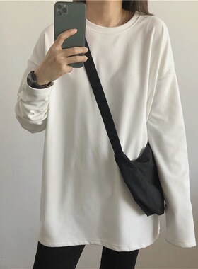 2024冬季王炸内搭加厚白色T恤女长袖德绒圆领套头宽松叠穿打底衫