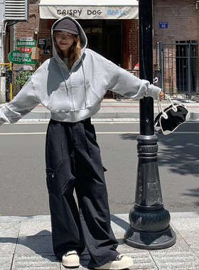 速发灰色2款肯豆风卫衣春秋短外24新款bm连帽拉链初秋开衫早秋0套