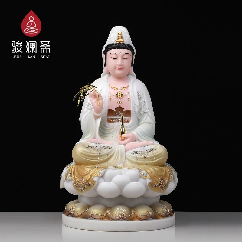 速发《观摆音菩萨》佛像家奉家用汉白玉色石雕供居饰品世件