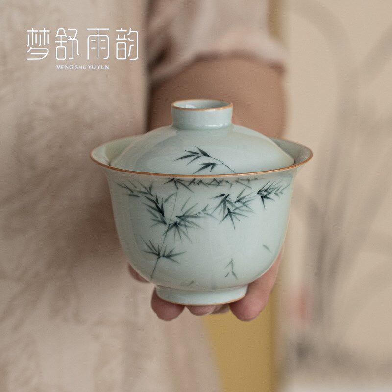 现货古手绘竹韵聚香二才盖碗泡茶器陶瓷功夫茶具不X烫手泡茶盖碗