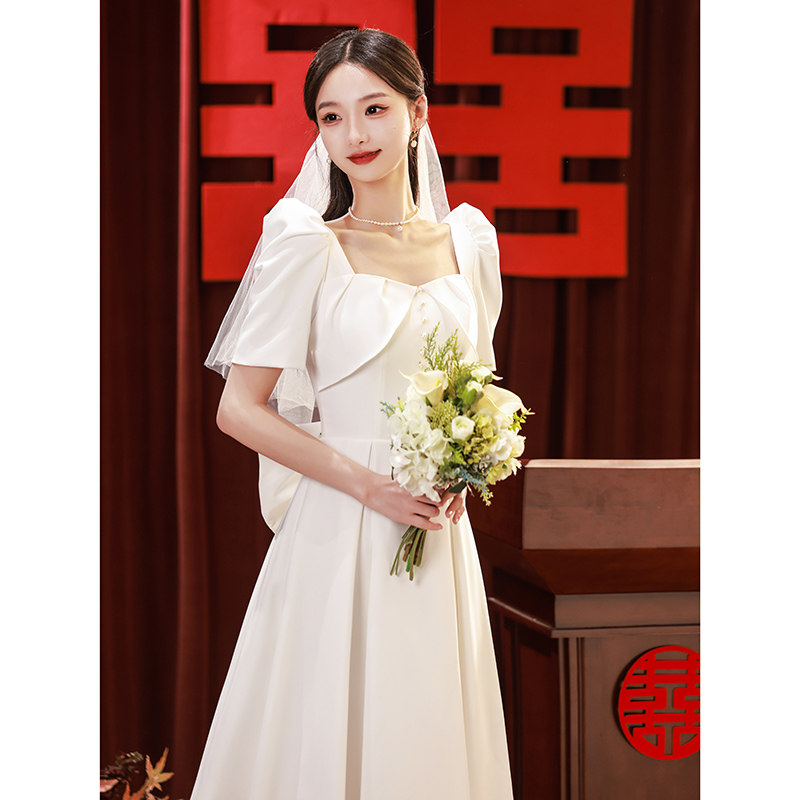 速发白色领证登记婚礼服小时可穿订婚连衣裙聚会法式小白裙结婚轻