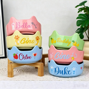 猫狗陶瓷碗防打翻带竹支架喂水碗