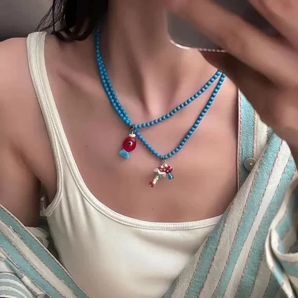 彩色多巴胺小鱼蘑菇吊坠蓝色串珠项链女萌趣可爱百搭颈链锁骨链