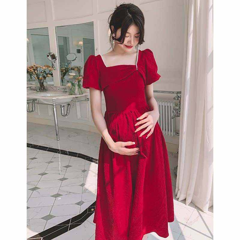 极速孕妇敬酒服新娘夏季结婚订婚回门礼服连衣裙女大码胖mm酒红色