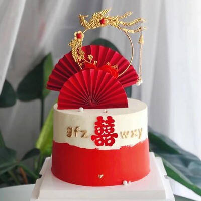 生日烘焙祝寿蛋糕插件中式婚庆装饰摆件铁艺复古凤凰于飞吊坠花环