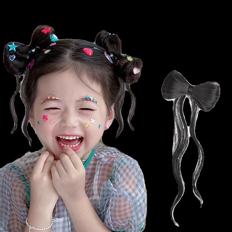 现货蝴蝶结高马尾女多巴胺儿童假发辫子抓夹发包丸子头.女童头饰
