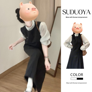 速发秋冬装2024年新款法式黑一马甲搭配色整套半身连衣裙小长子个