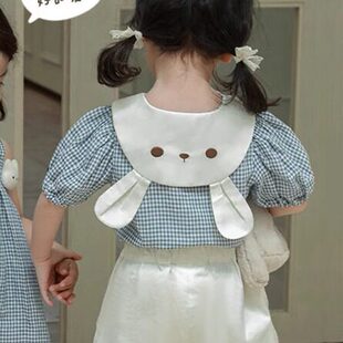 速发中小女童吊带裙2025夏季新款格子娃娃衫宝宝小清新风可爱小兔