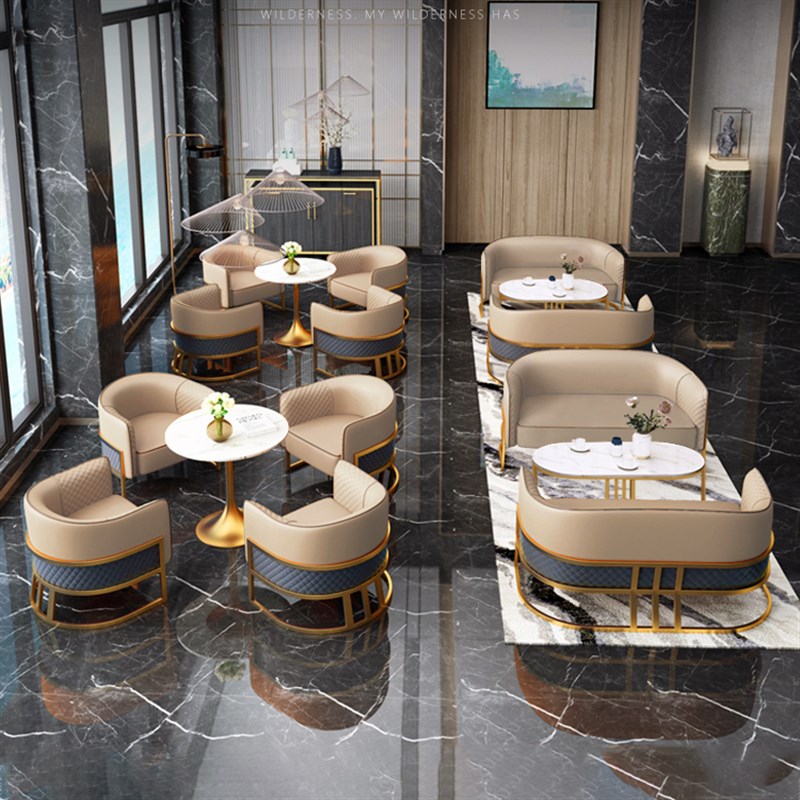 轻奢欧式皮质沙发大理石茶几组合售楼部服装店酒店会客室洽谈桌椅