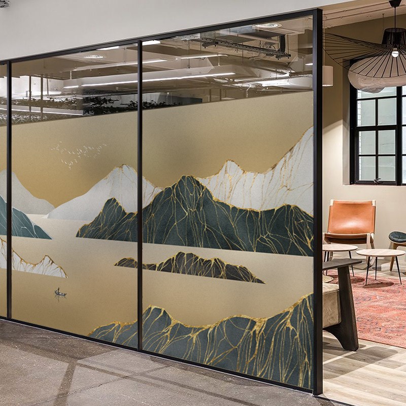 公司酒店办公室创意山水画静电磨砂大气玻璃贴膜艺术装饰贴纸定制图片