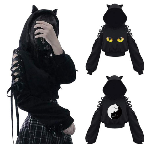 极速Women Long Sleeve Hoodies Kawaii Cat Ears Hoodie Gothic
