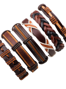 琦诺新款手錬饰品 时尚牛皮蜡绳编织手錬 六件套饰品