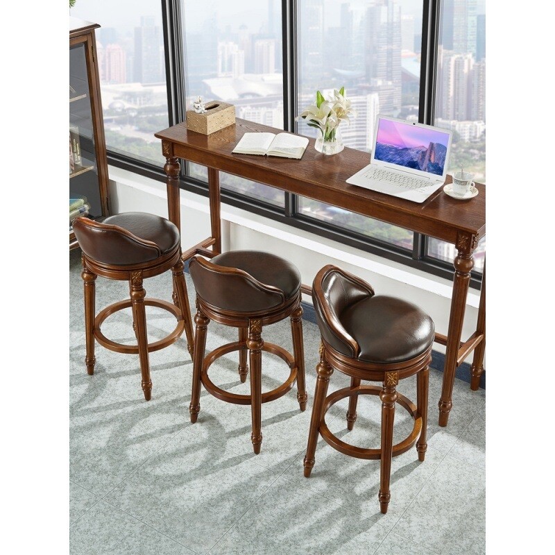 极速美式实木吧台桌家用客厅小阳台吧台靠墙长条欧式酒吧椅子高脚