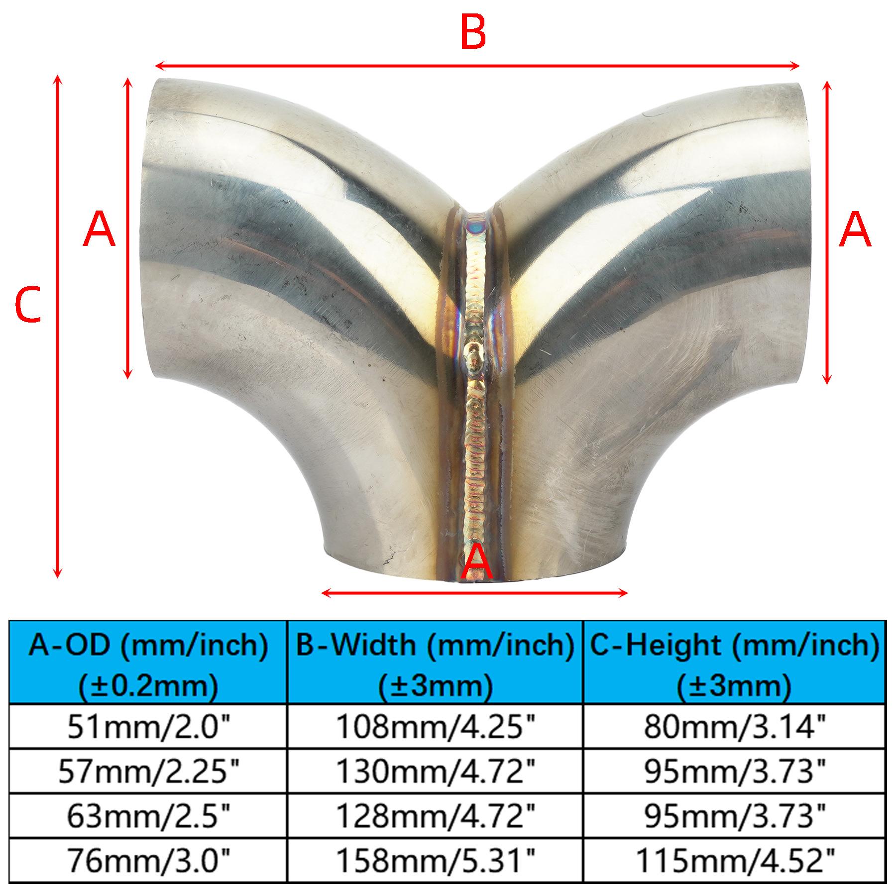 不锈钢排气管Y型三通接头2/2..25/2.5/3inch 51/57/63/76mm连接器