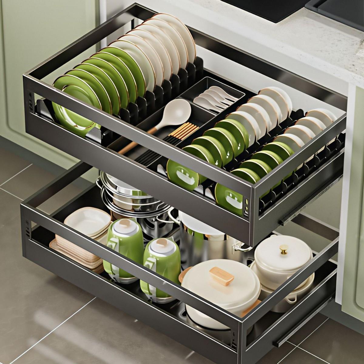 厨房拉篮橱柜不锈钢双层抽屉式碗架碗碟篮碗柜厨柜碗篮碗筷锅具篮