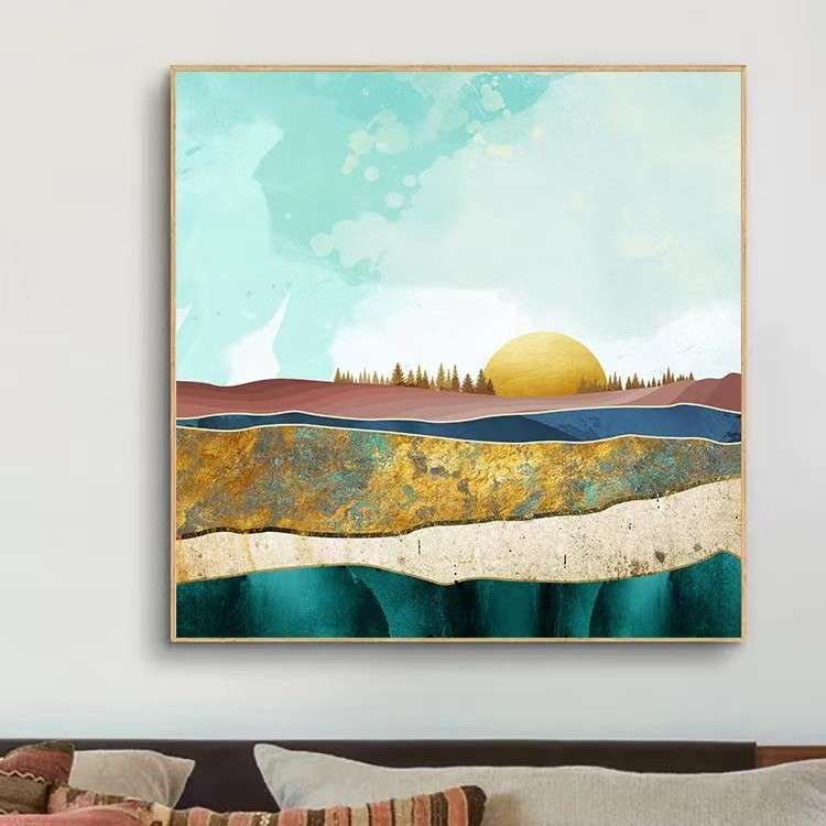 方形客厅沙发背景墙装饰画森林日出抽象餐厅挂画玄关走廊墙面壁画图片