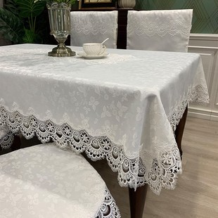 餐桌布布艺蕾丝隔热家用椅z子套罩白色饭桌椅套椅垫套装 美式 长方