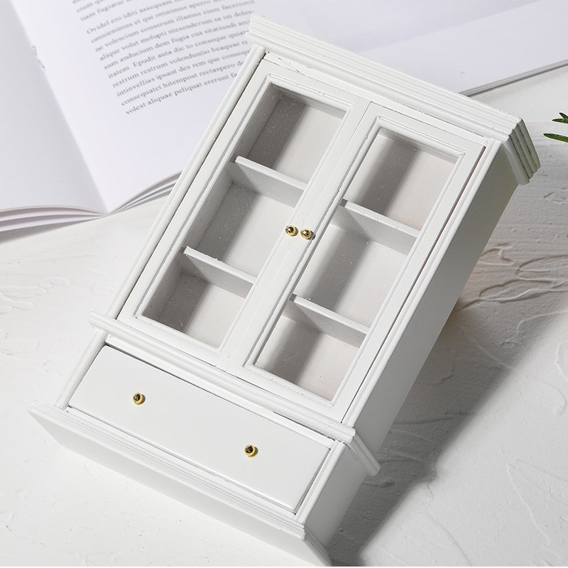 1:12娃d娃屋dollhouse袖珍食玩diy家具白色双门玻璃柜模型工艺品