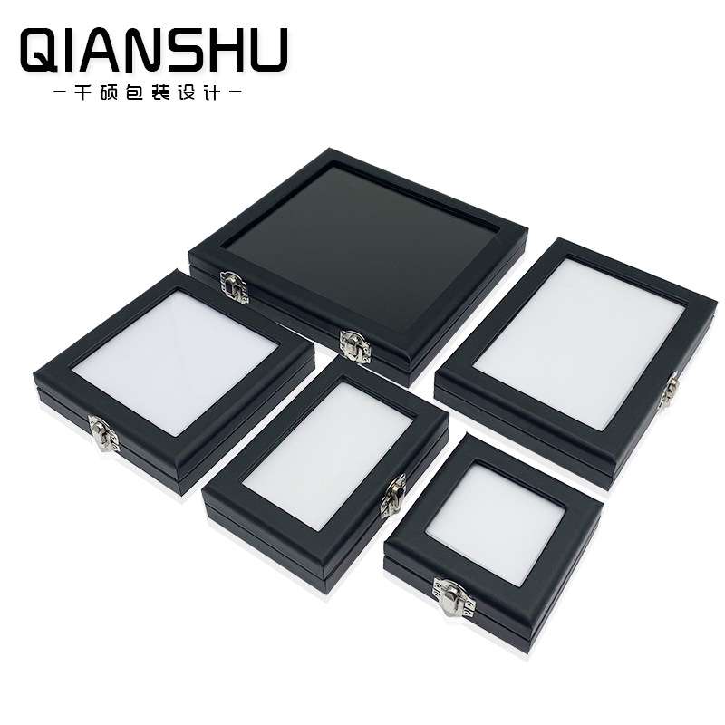 黑漆皮玻璃盒带锁扣透明彩宝盒黑漆布天窗盒彩宝石裸石戒面展示箱