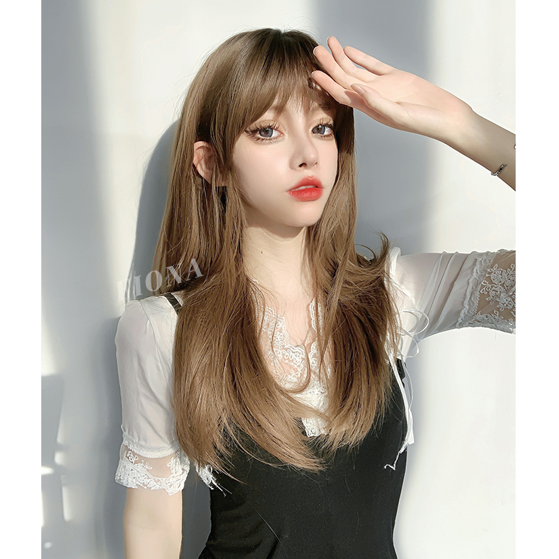 菲奥娜 假发女中长发头顶染黑空气刘海棕色长直发 自然可扎全头套