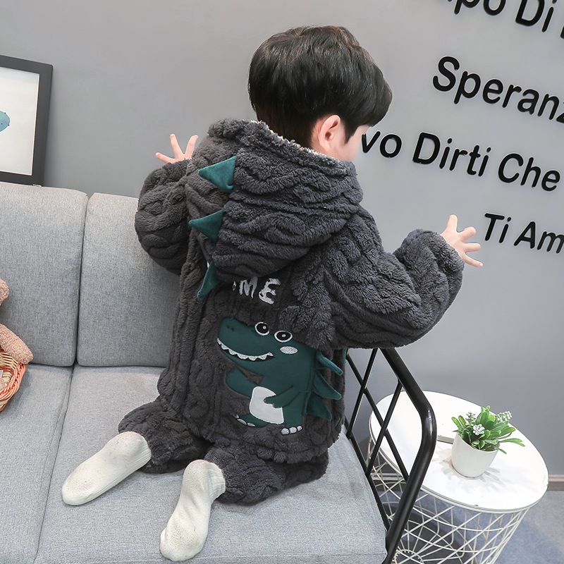 小恐龙儿童睡衣冬季加厚款男童珊瑚绒男孩三层夹棉冬款加绒家居服