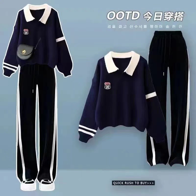 学院风甜美时尚套装女秋季学生薄款polo领长袖卫衣+阔腿裤两件套