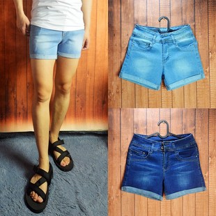 2023新款男士高弹力卷边紧身三分牛仔超短裤卷边中高腰牛仔女短裤