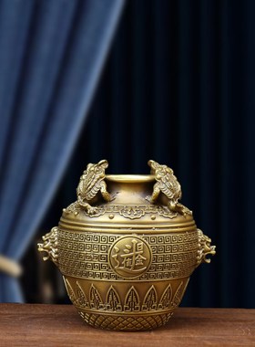 纯铜聚宝盆四方纳财缸金蟾招财罐坛子摆件日进斗金聚財位钱罐礼品