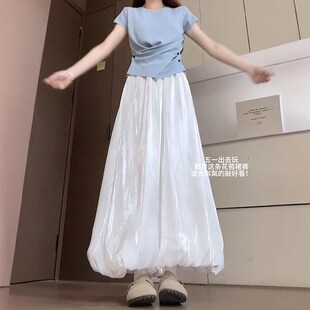 白色缎面长款花苞裤裙夏日松弛感大码胖mm显瘦休闲阔腿裙裤子女款
