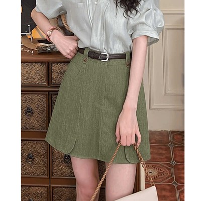 温敏er港风复古绿色a字半身裙女款夏季高腰显瘦休闲气质短裙裤子