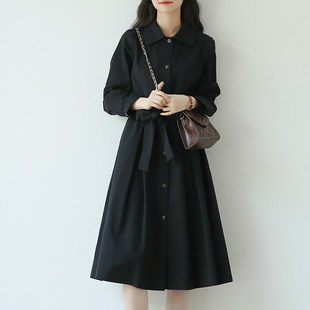 2024春季新法式复古显瘦系带长袖中长风衣式连衣裙黑色女气质裙子