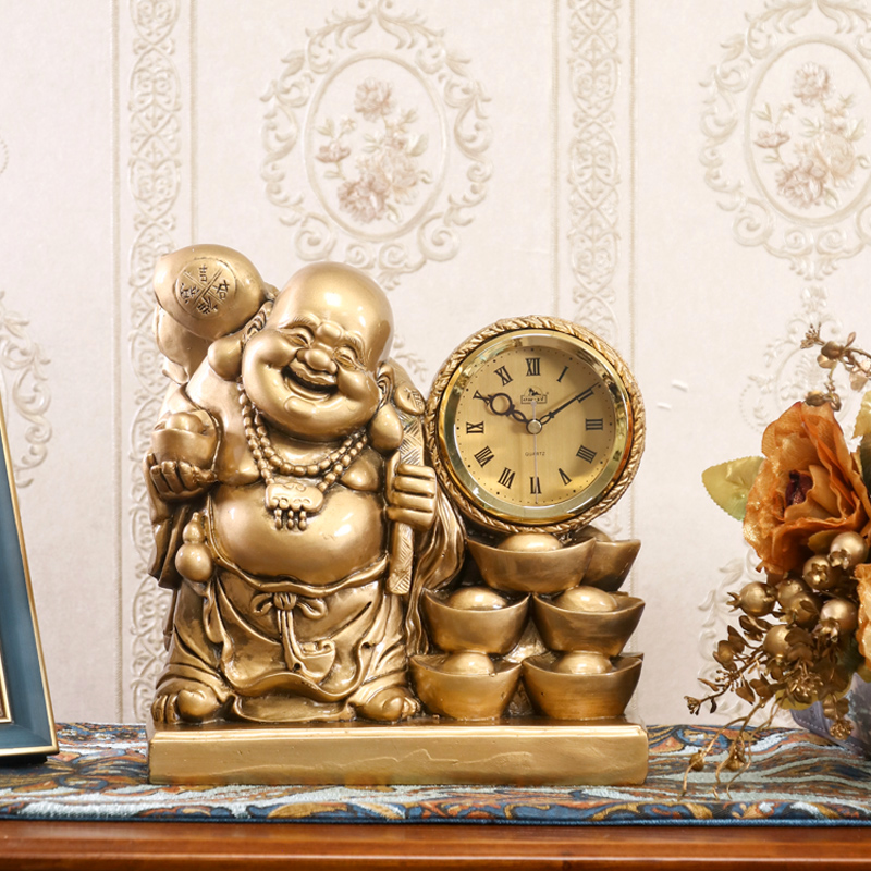 财神爷座钟客厅家用时尚时钟摆件钟表摆钟桌面闹钟台钟中式石英钟