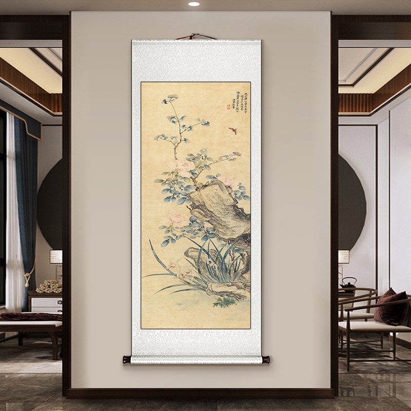 蒋溥兰石图卷轴挂画梨花竹子花鸟国画新中式客厅书房茶室玄关壁画