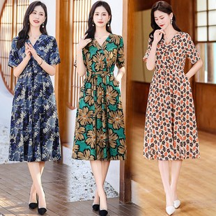 高端年轻妈妈夏装 洋气时尚 气质沙滩裙子 大码 棉绸连衣裙女2024新款