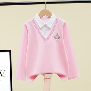 女童t恤长袖纯棉女孩polo衫假两件T恤儿童衬衫翻领打底衫中大童