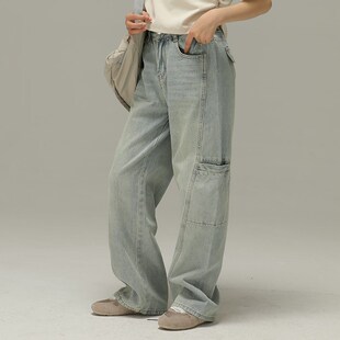 小女森女童夏季薄款水洗复古蓝色两侧袋牛仔裤儿童阔腿长裤