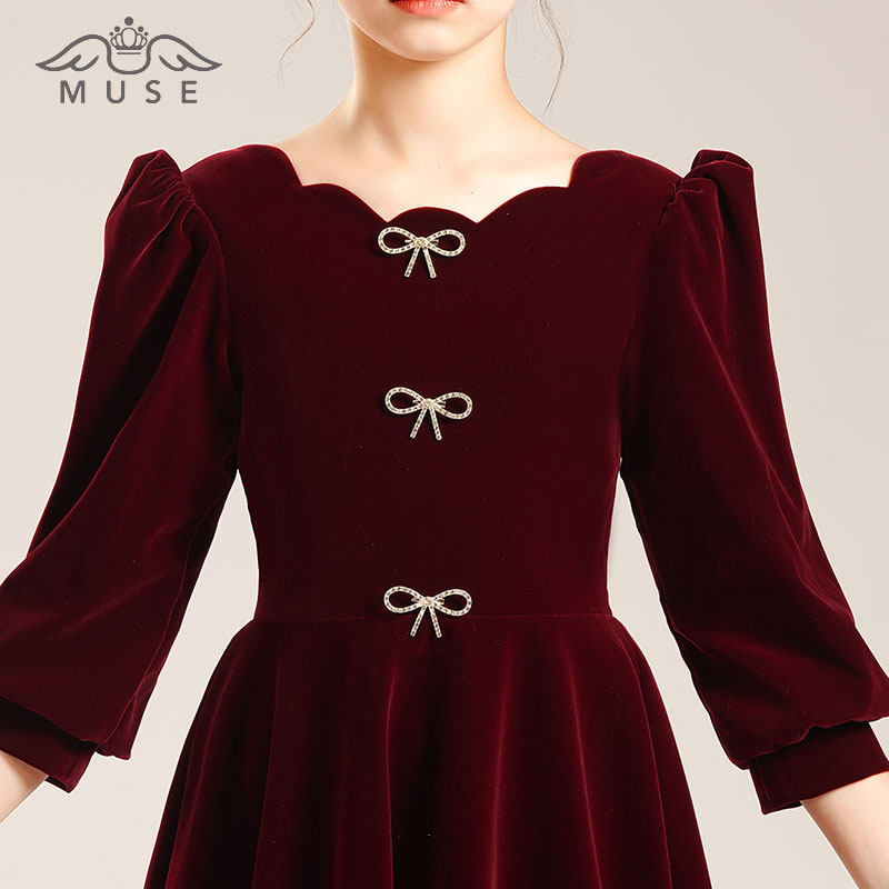 女童高端礼服红色花童公主裙洋气小女孩儿童主持人钢琴演出服冬季