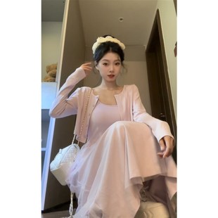 七分糖 法式紫色吊带连衣裙新款初秋小个子约会长裙两件套